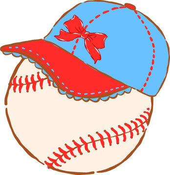 Coquette Baseball with Red Blue Ruffle Cap Whimsical Hand Drawn