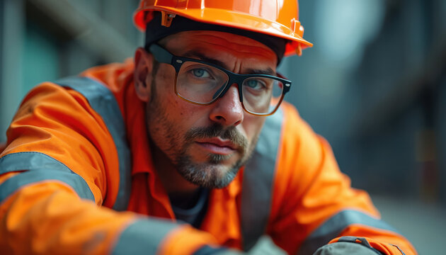Construction worker with safety helmet and glasses looks serious. Man wears orange hi vis vest, works on building site. Focused male laborer ready for hard work, serious occupation in industry.