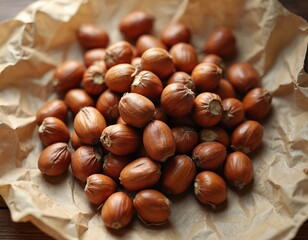 Obraz premium Pile of fresh hazelnuts with shells on crumpled paper. Natural healthy snack provides energy. Brown nuts are organic and tasty. Delicious food ingredient for cooking.