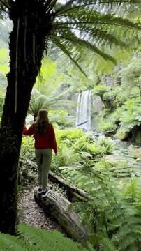 Girl adventurer stands next to tree fern and admires the powerful Hopetoun Falls, located in Great Otway National Park, Victoria, Australia. Stunning waterfalls in the Otways region