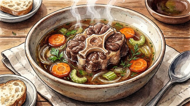 A hearty bowl of beef soup with vegetables on a rustic wooden table