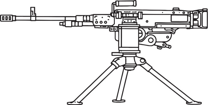 Mounted machine gun with tripod military weapon black and white vector line art illustration