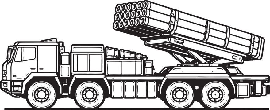 Multiple Launch Rocket Vehicle Black White Vector Line Art MLRS Military Truck Side View