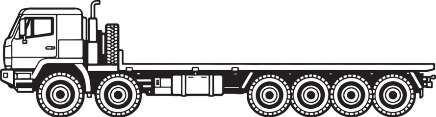 Heavy Duty Transport Vehicle Vector Line Art Side View Black White Illustration © Bui