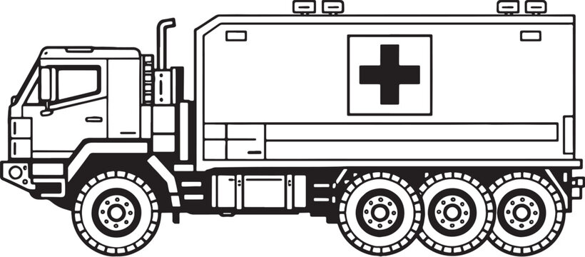 Medical Evacuation Vehicle Vector Line Art Side View Black White Illustration