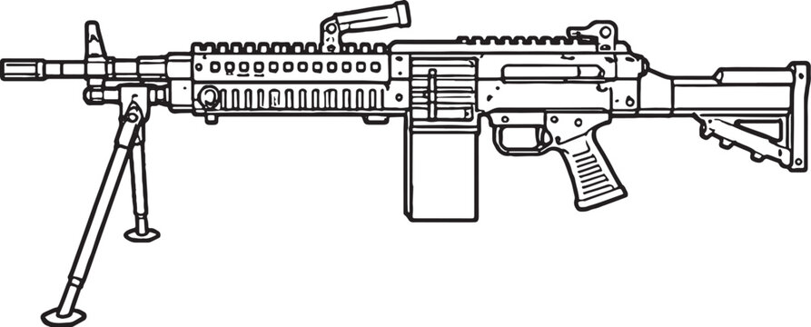 Light machine gun with bipod military weapon black and white vector line art illustration