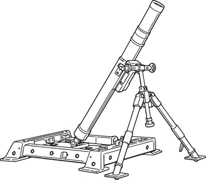 Heavy mortar system military weapon reinforced base black and white vector line art illustration