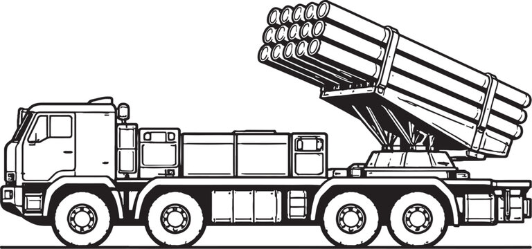 Heavy Rocket Launcher Truck Black White Vector Line Art Military MLRS Vehicle Side View