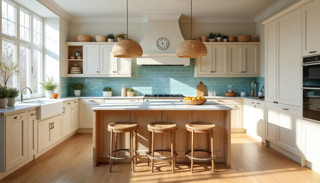 Bright coastal kitchen features cream cabinetry light oak island with rattan bar stools blue tile backsplash and quartz countertops sunlight fills the airy space making it inviting