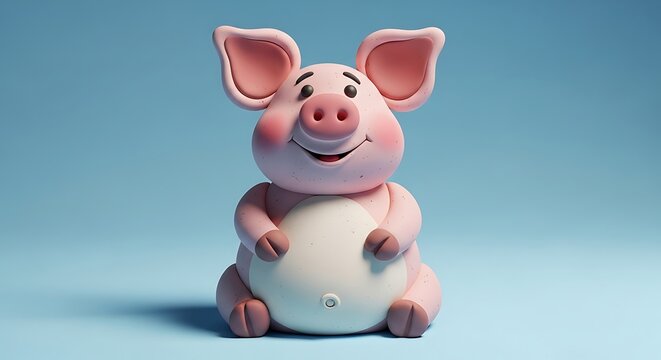 Cute clay pig character sitting on blue background 3d rendering