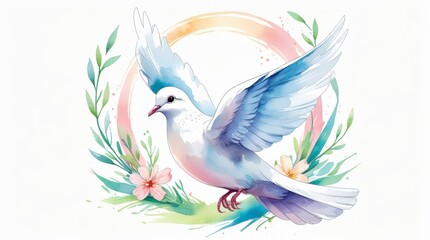 Fototapeta premium Beautiful white dove in flight with colorful wings and flowers