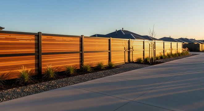 Modern wooden fence with dark posts alongside a paved path at sunset, residential area.
