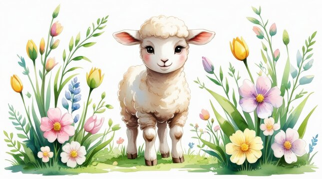 Adorable white lamb standing in colorful spring flowers and grass