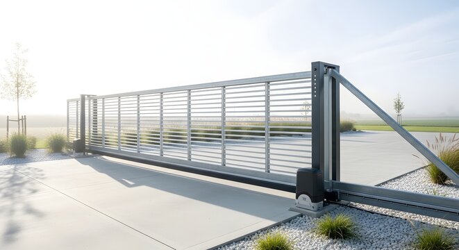 A modern automatic sliding gate with horizontal slats at the entrance of a property on a bright day.