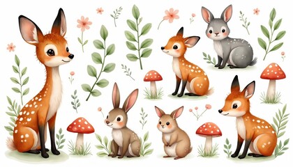 Naklejka premium Cute watercolor woodland animals like deer and rabbits sit among plants and mushrooms. Charming forest fauna illustration, perfect for kids books and nature themes. Gentle, serene artwork.