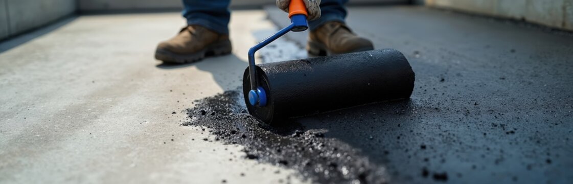 Construction worker uses roller to apply black bitumen mastic on concrete foundation. Roofer ensures waterproofing protection for building structure. Pro applies tar coating material on surface
