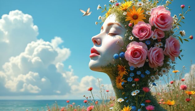 Female profile adorned with blooming flowers and green plants. Blue sky and clouds overhead. Bird flies in distance. Field of wildflowers foreground.