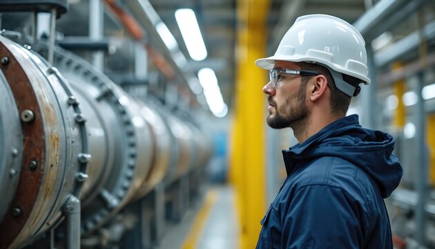 Engineer in hard hat inspects large industrial pipes and machinery. He looks at a heat exchanger system in a factory. Focus on power generation infrastructure.