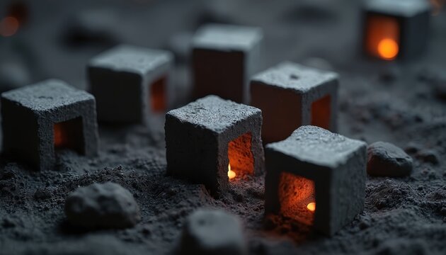 Scattered graphite cubes emit warm orange light from internal openings. Geometric objects rest on dark, textured sandstone surface, creating moody, minimalist composition with soft glow, sharp
