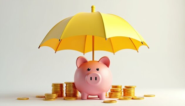 Pink piggy bank sits with gold coins under yellow umbrella. Illustration signifies financial safety, savings protection against economic risks. Suggests prudent money management, secure future