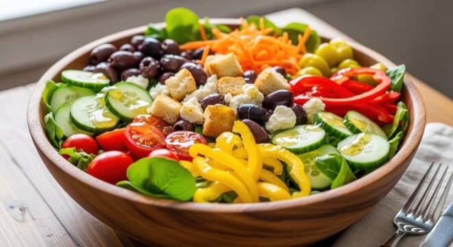 A colorful salad bowl filled with fresh vegetables, including cucumbers, tomatoes, bell peppers, olives, and croutons, with a wooden bowl on a wooden table.