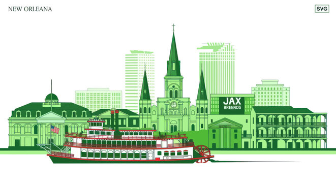 New Orleans Skyline with Steamboat Riverboat, French Quarter Architecture, Jax Brewery