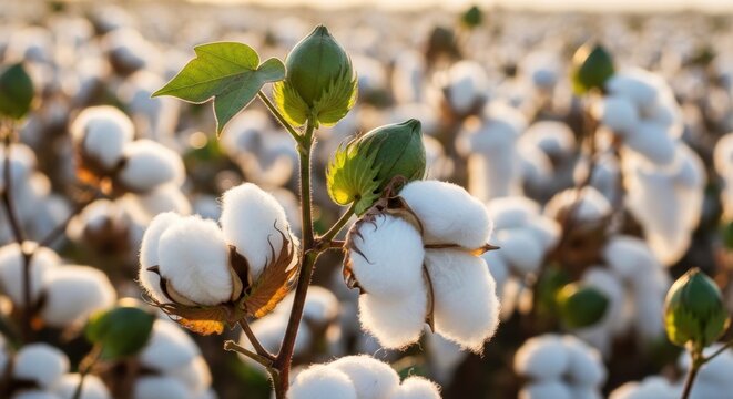 A cotton plant with several cotton bolls in a field of cotton plants.