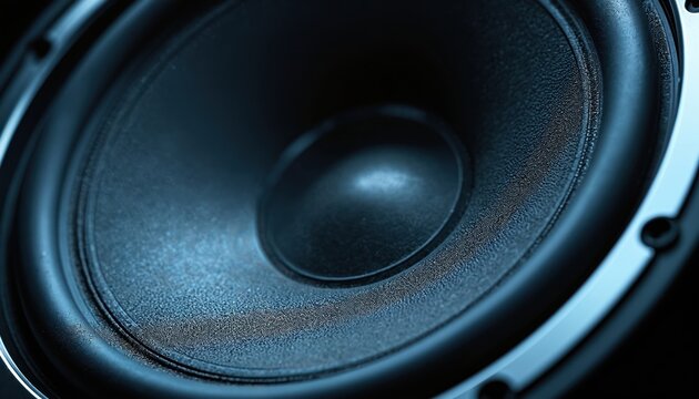 Subwoofer speaker cone vibrates intensely producing deep bass sound. Extreme audio power shown in closeup detail with dark moody lighting. Powerful music system detail.