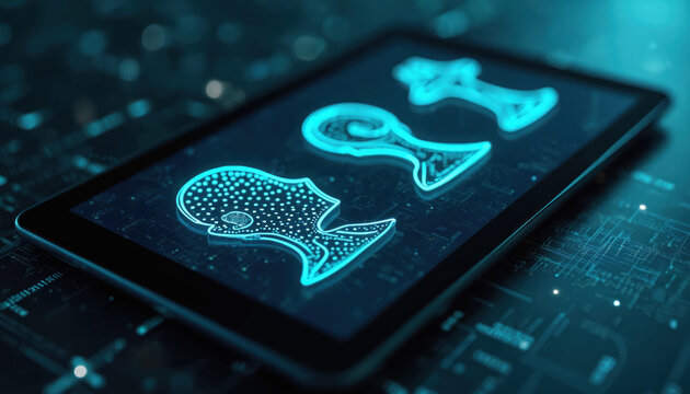 Digital tablet displays chess pieces as icons. Neon blue light forms abstract human head, queen, king symbols on dark circuit board. Future tech strategy.