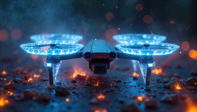 Advanced drone with blue glowing propellers hovers above ground. Camera integrated into fuselage captures image. Lights emit energy and motion blur effects.