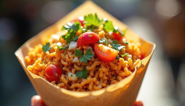 Close up of Indian Bhel Puri snack in paper cone. Small crispy grains mixed with chopped tomatoes, onions and fresh green cilantro leaves. Savory street food.