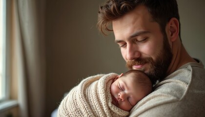 Obraz na płótnie Canvas Young father with beard holds sleeping newborn baby. Man cradles infant in warm knit wrap. Loving dad embraces child close. Peaceful paternal bond, family affection, tender moment.