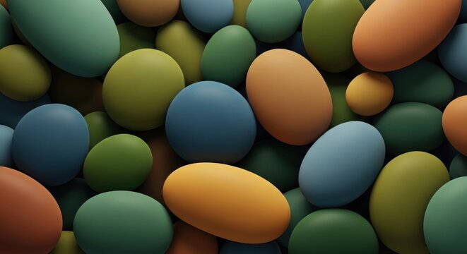 A colorful collection of eggs in various shades of green, blue, orange, and brown, arranged in a random pattern on a dark background.