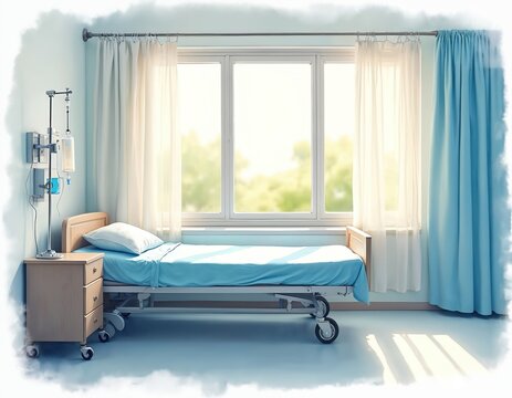 Empty hospital room with medical bed ready for patient. Sunlight streams through window. IV drip stand by bedside. Calm and clean care setting.