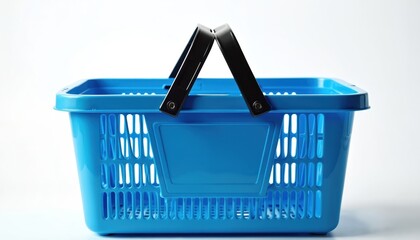 Fototapeta premium Empty blue plastic shopping basket with black handle. Object for groceries, goods, and retail purchases. Use for supermarket, market, store, or e-commerce concepts.