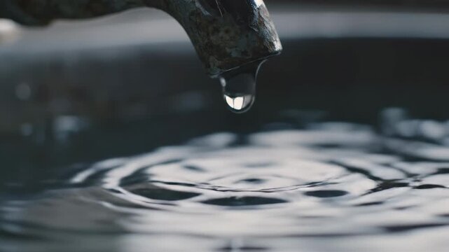 A single drop of water falls from a metal faucet into a pool, creating ripples on the surface.