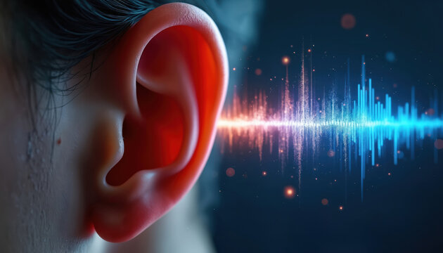 Human ear receives sound wave visualization. Digital audio signal enters auditory system creating vibration. Audio frequency data processing in brain, perception of noise and clarity.