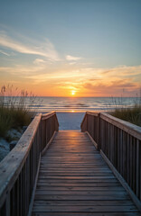 Fototapeta premium Wooden walkway leads to beach at sunset. Warm sun reflects on ocean water and sand. Tall grass borders wooden path on ocean coast. Peaceful twilight.