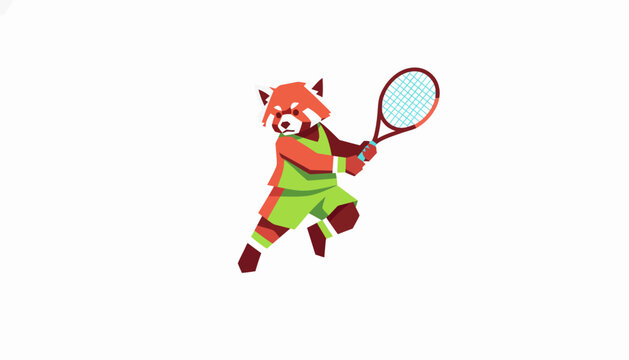 Adorable cartoon red panda character energetically playing tennis, ready to strike the ball with its racket, vibrant illustration for children's sports themes or fun branding