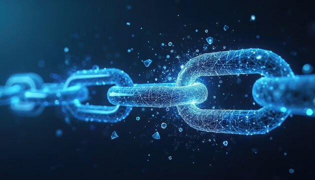 Glowing digital chain is breaking into many small particles. Futuristic abstract network connection disconnects with bright blue neon lines. Cyber security breach or data loss concept.