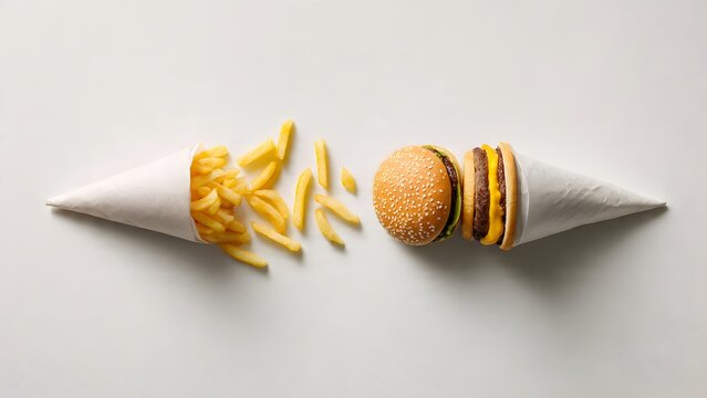 Top-down flat lay of compact fries cone above sesame burgers on white with hand lifting nearer burger halfway