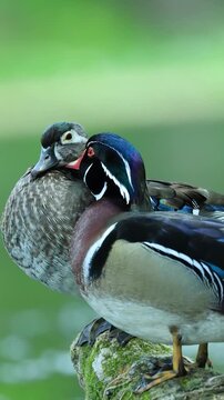 Male and Female Wood Ducks Preening Courtship 