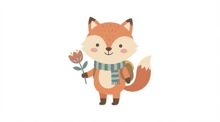 Fototapeta premium Cute cartoon fox with flower.