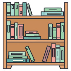 Vector illustration of a bookshelf filled with colorful books in various sizes and styles. © VectorVista