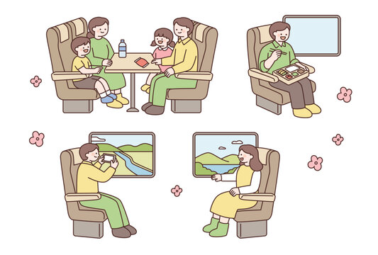 People are going on a trip by train. Family, lunchbox, scenery. Cute character with a round face. 