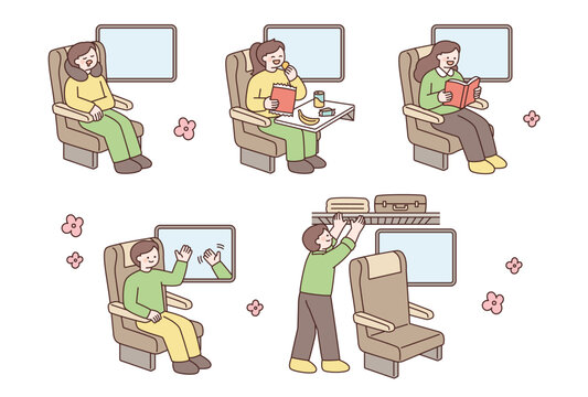 People are going on a trip by train. Reading, snacks, luggage. Cute character with a round face. 