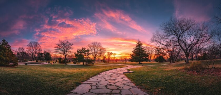 Park path with scenic sunset and colorful sky