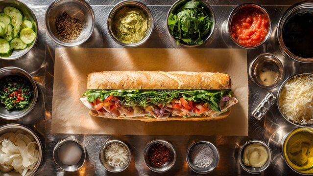 Intimate commercial close-up of the initial cheese and meat layering stage of an Italian sub at a Modern deli prep station