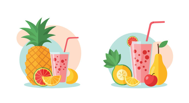 A colorful vector graphic showcasing two sets of refreshing fruit smoothies accompanied by fresh pineapple, pear, apple, and citrus slices.