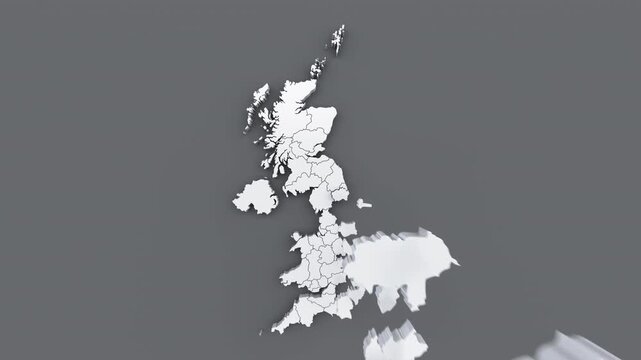 Animated map of United Kingdom, white map on gray background.